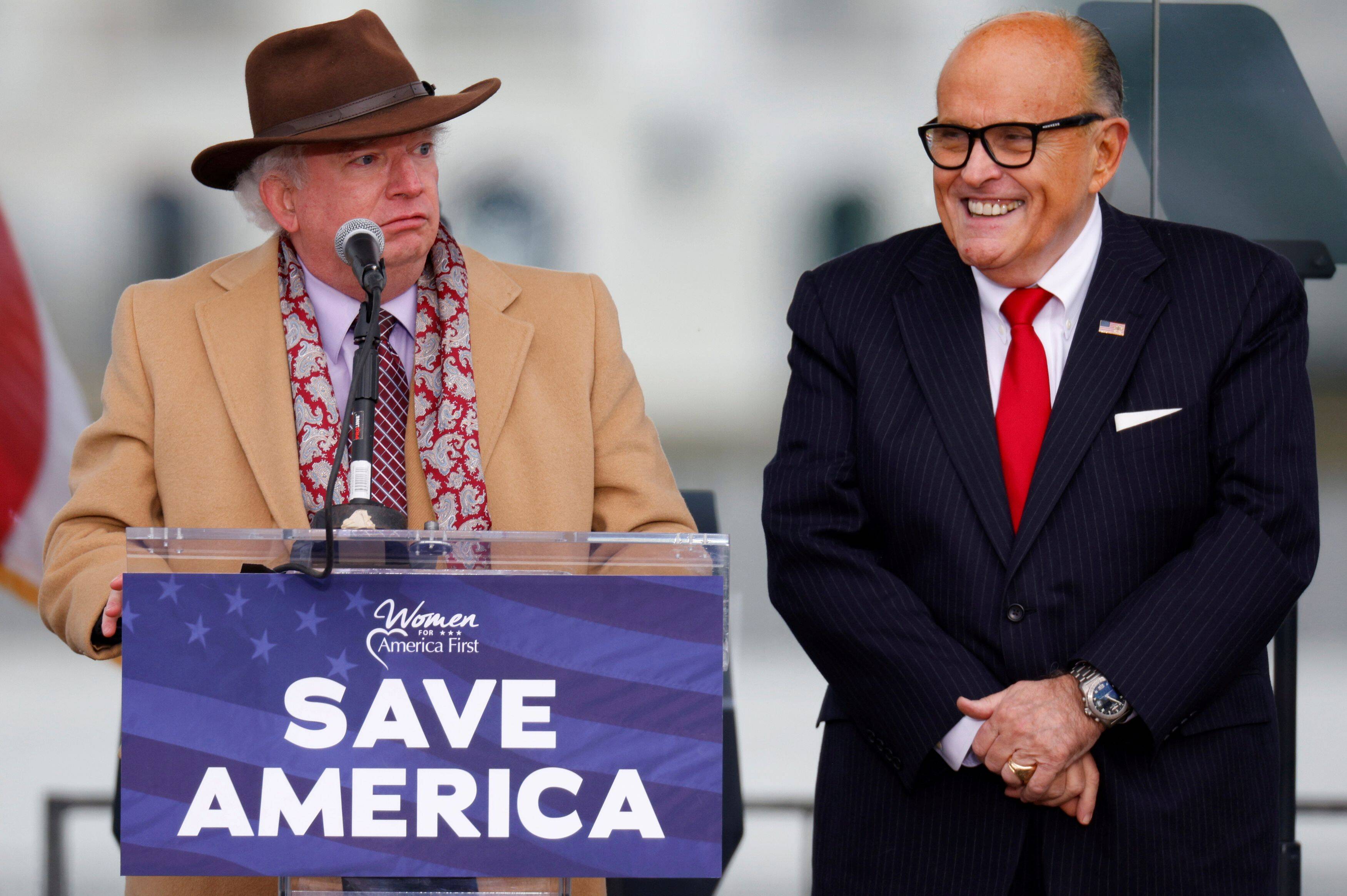 John Eastman speaks alongside Rudolph W. Giuliani on Jan. 6, before the Capitol riots. (Reuters/Jim Bourg)