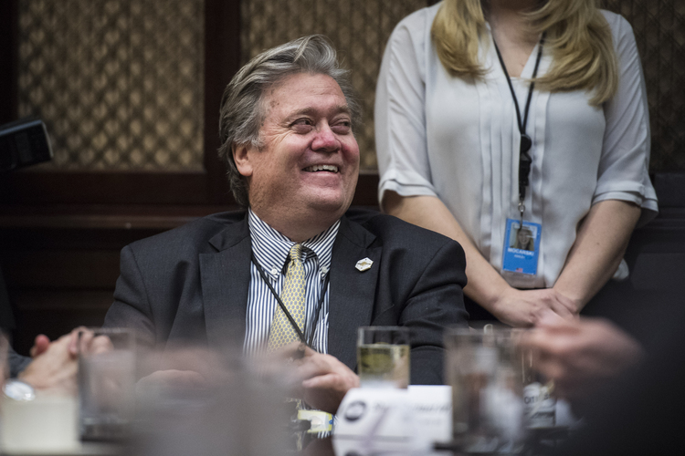 &nbsp;Steve Bannon listens during a White House meeting.&nbsp;(Jabin Botsford/The Washington Post)</p>  