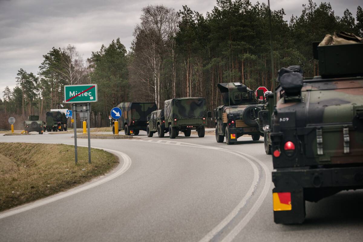 U.S. convoy on the road in Mielec, Poland, on Feb. 20. (Wojciech Grzedzinsk/The Washington Post)