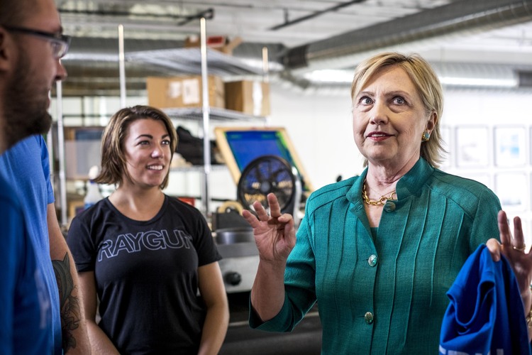 Hillary Clinton takes a plant tour&nbsp;in Des Moines, Iowa, yesterday.&nbsp;(Photo by Melina Mara/The Washington Post)</p>  