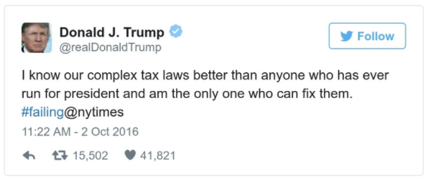Trump's October 2016 tweet about taxes.