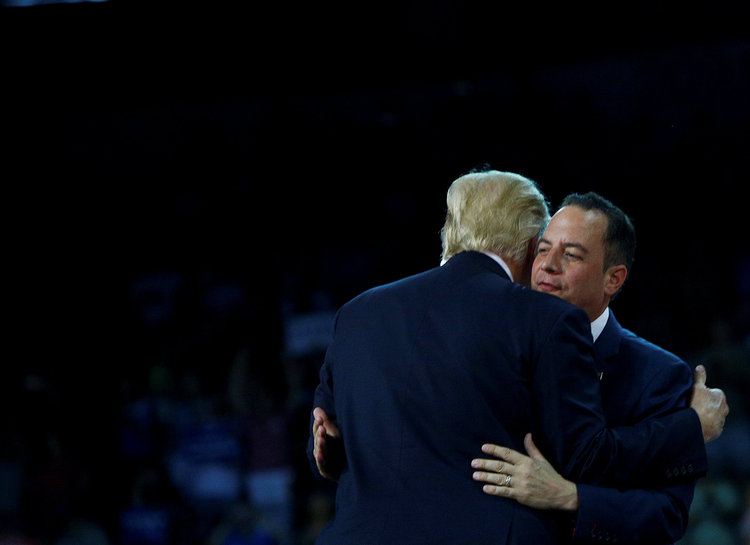 Trump hugs Reince&nbsp;Priebus in Erie, Pennsylvania, on Aug&nbsp;12.&nbsp;(Eric Thayer/Reuters)</p>  