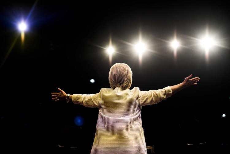 Hillary Clinton greets supporters at her victory party in Brooklyn last night.&nbsp;(Photo by Melina Mara/The Washington Post)</p>  