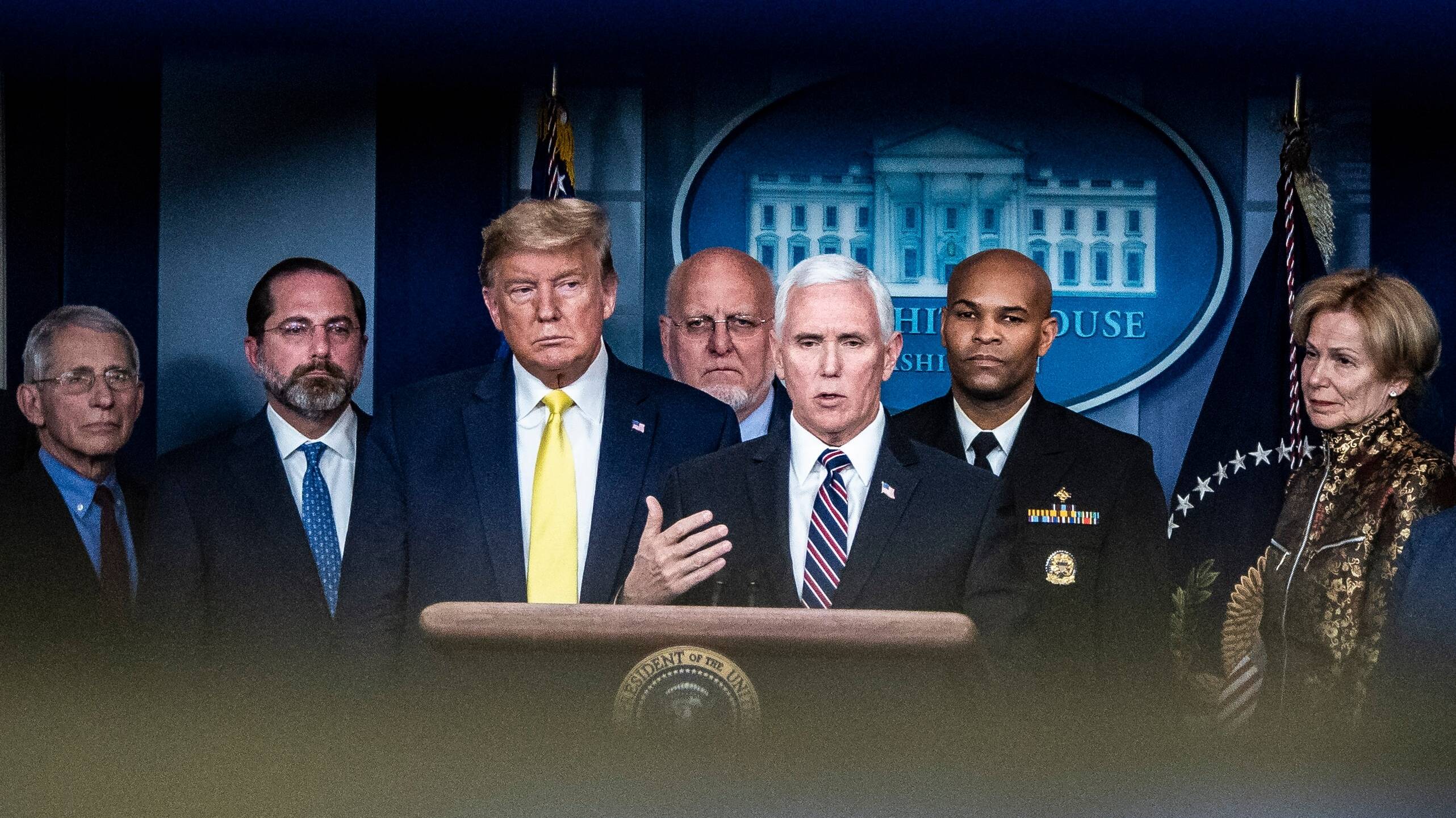 Former president Donald Trump with members of the coronavirus task force in March 2020. (Jabin Botsford/The Washington Post)