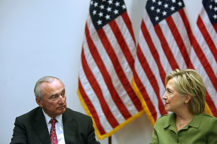 Hillary meets yesterday with law enforcement experts (including NYPD Commissioner William Bratton) at the John Jay College of Criminal Justice in Manhattan. (Yana Paskova/For The Washington Post)</p>