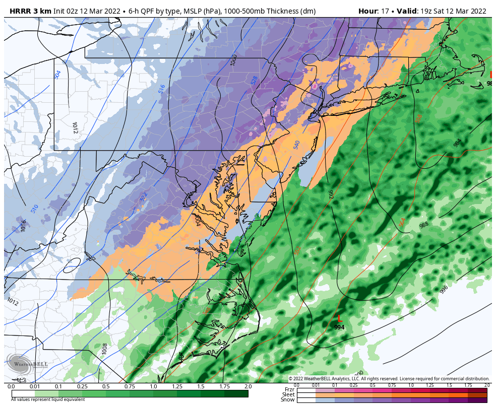 Snow in the area during the midday. This model is probably overdoing the mix area in orange as the transition to snow should be pretty quick. (weatherbell.com)