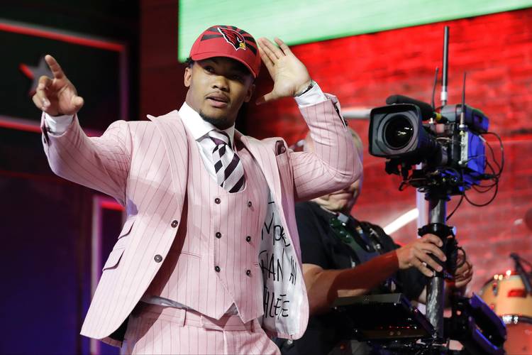 Oklahoma quarterback Kyler Murray celebrates after the Arizona Cardinals selected him as the first pick in the first round at the NFL draft in Nashville last night. (Mark Humphrey/AP)  