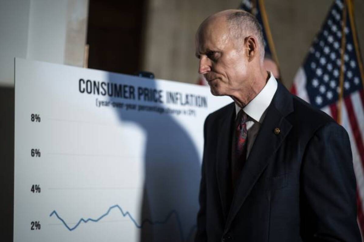 Sen. Rick Scott (R-Fla.) speaks during a Republican news conference about economic Inflation on Capitol Hill on Feb. 16. (Jabin Botsford/The Washington Post)