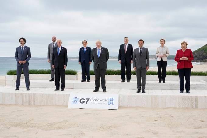 Leaders of the Group of 7 pose for a photo overlooking the beach at the Carbis Bay Hotel in Carbis Bay, St. Ives, Cornwall, England. (Patrick Semansky/Pool/AP)