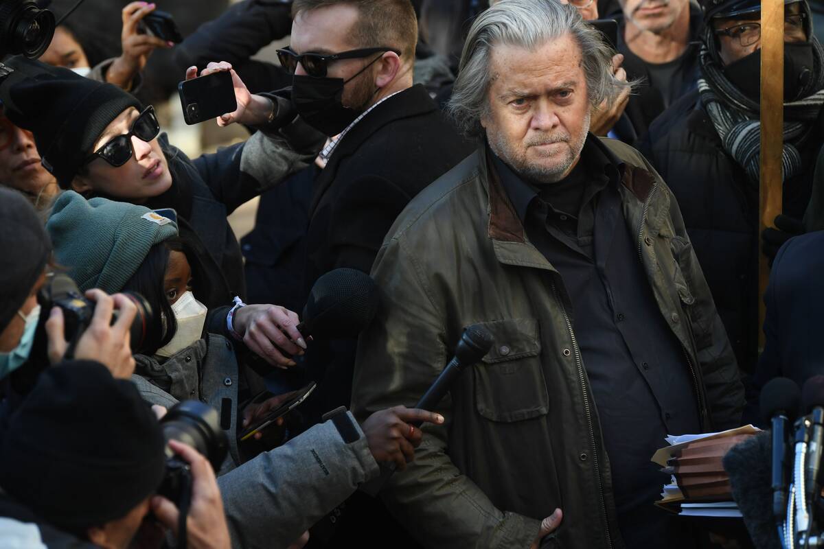 Stephen K. Bannon talks to reporters after appearing in federal court on Monday, Nov. 15, 2021, in Washington, DC. (Matt McClain/The Washington Post)