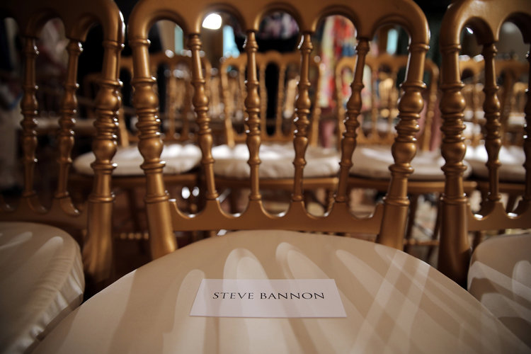 A chair with a name tag for Bannon is seen prior to Trump's news conference with NATO Secretary General Jens Stoltenberg at the East Room at the White House yesterday. (Carlos Barria/Reuters)</p>