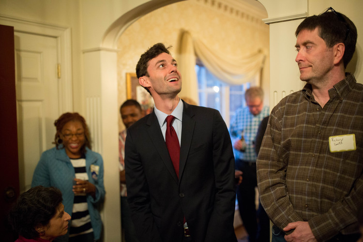 Democratic House candidate Jon Ossoff speaks at a meet-in-geet in a northern suburb of Atlanta. (Kevin D. Liles/For the Washington Post)</p>