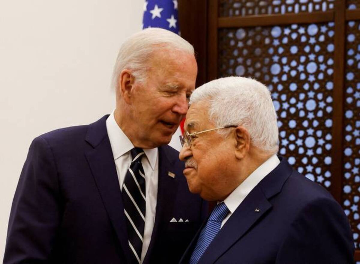 President Biden meets with Palestinian President Mahmoud Abbas in Bethlehem in the Israeli-occupied West Bank on Friday. (Mohamad Torokman/Reuters)