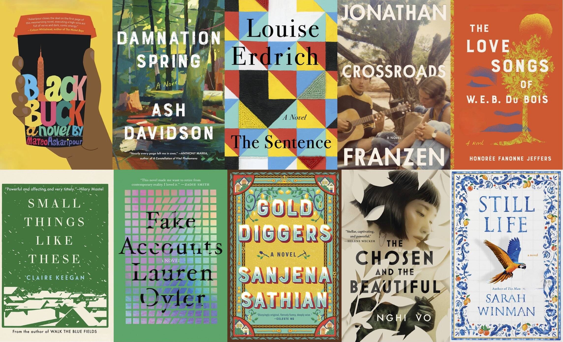 Top: Houghton Mifflin Harcourt; Scribner; Harper; Farrar, Straus and Giroux; Harper. Bottom: Grove Press; Catapult; Penguin Press; Tordotcom; G.P. Putnam's Sons