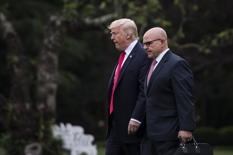 Trump walks with H.R. McMaster on White House grounds. (Jabin Botsford/The Washington Post)</p>  