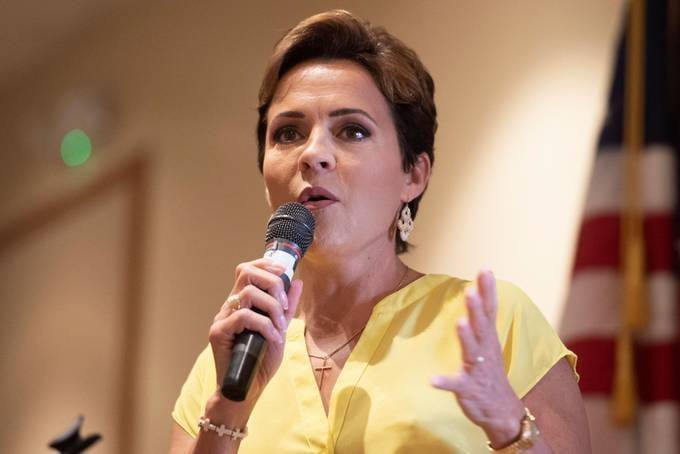 Arizona Republican gubernatorial candidate Kari Lake speaks with constituents during the SaddleBrooke Republican Club candidates breakfast on July 1. (Rebecca Noble/Reuters)