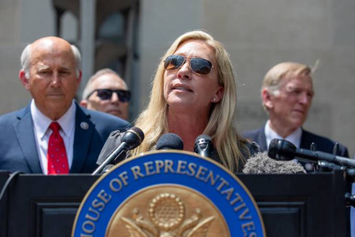 Rep. Marjorie Taylor Greene (R-Ga.) speaks during a press conference outside of the Department of Justice on July 27, 2021. (Amanda Andrade-Rhoades/The Washington Post)