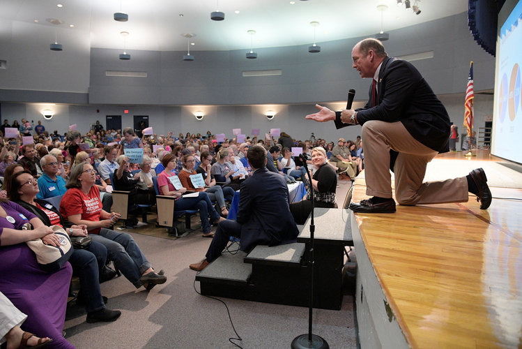 Rep. Ted Yoho (R-Fla.) answers a question during a town hall meeting in Florida last week. (Phelan Ebenhack/Reuters)</p>  