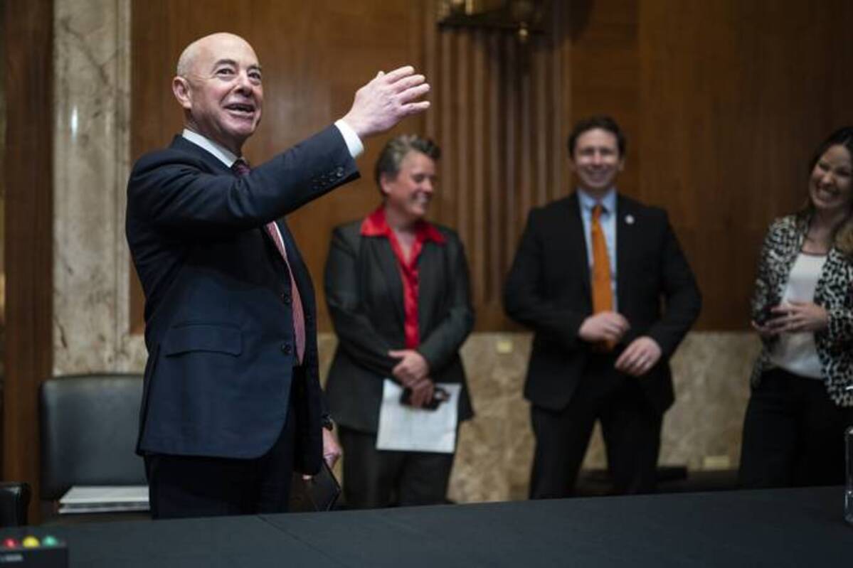 Secretary of Homeland Security Alejandro Mayorkas speaks before a Senate Appropriations Subcommittee on Homeland Security on Capitol Hill. (Jabin Botsford/The Washington Post)