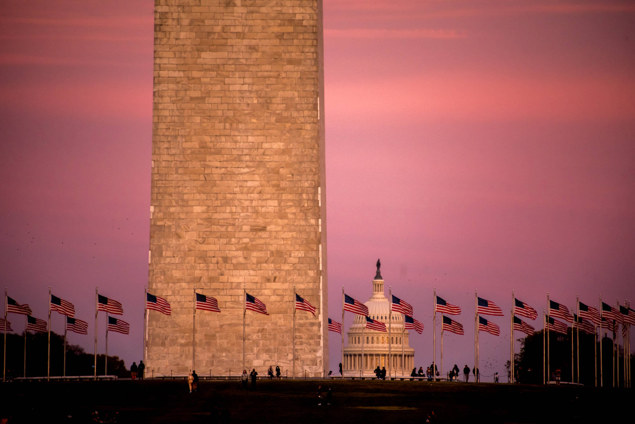 A pink sky over the National Mall Monday. (angela. n/Flickr)