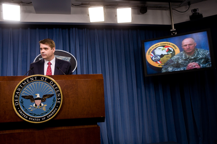 Defense Department spokesman Bryan Whitman (Photo by Brendan Hoffman/Getty Images)</p>  