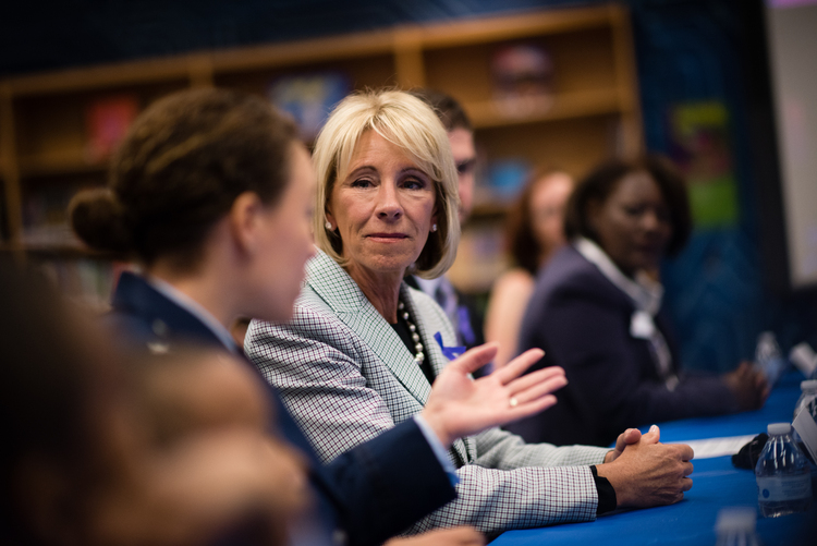 Betsy DeVos&nbsp;tours an elementary school in Prince William County.&nbsp;(Sarah L. Voisin/The Washington Post)</p>  