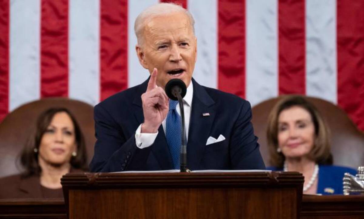 US President Joe Biden delivers his first State of the Union address at the US Capitol in Washington, DC, on March 1, 2022. (Photo by SAUL LOEB/POOL/AFP via Getty Images)