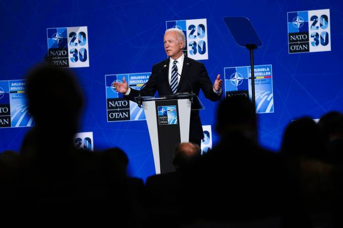President Biden speaks during a media conference at a NATO summit in Brussels. (Francisco Seco/Pool/EPA-EFE/Shutterstock)