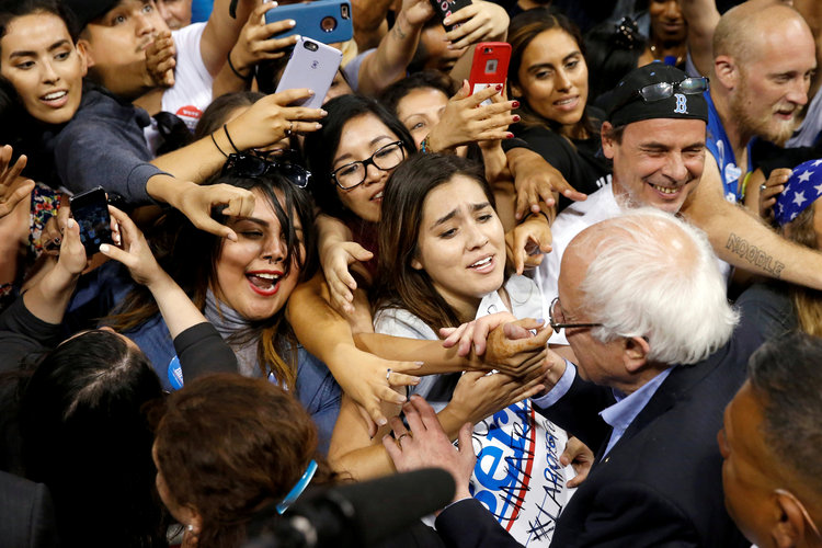 Bernie Sanders at a rally in Carson, California, last night. (Reuters/Lucy Nicholson)</p>  