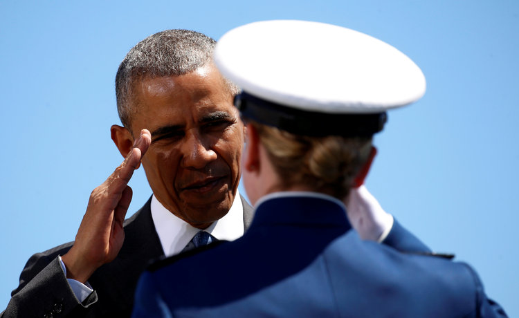 President Obama salutes a graduate at the U.S. Air Force Academy commencement ceremony yesterday. (Reuters/Kevin Lamarque)</p>  