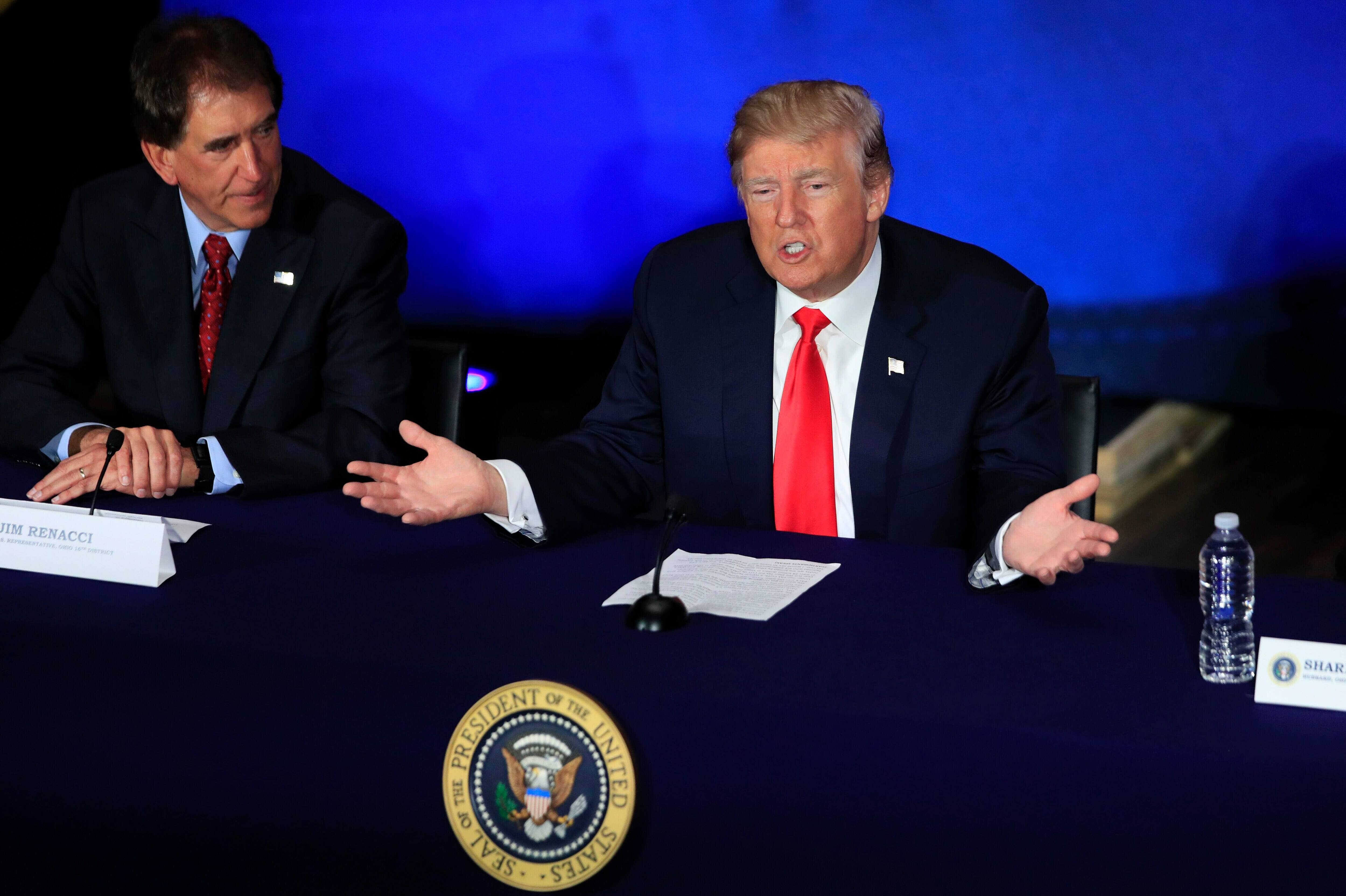 President Donald Trump with then-Rep. Jim Renacci, an Ohio Republican, during a roundtable discussion on tax reform in Cleveland on May 5, 2018. (Manuel Balce Ceneta/AP)