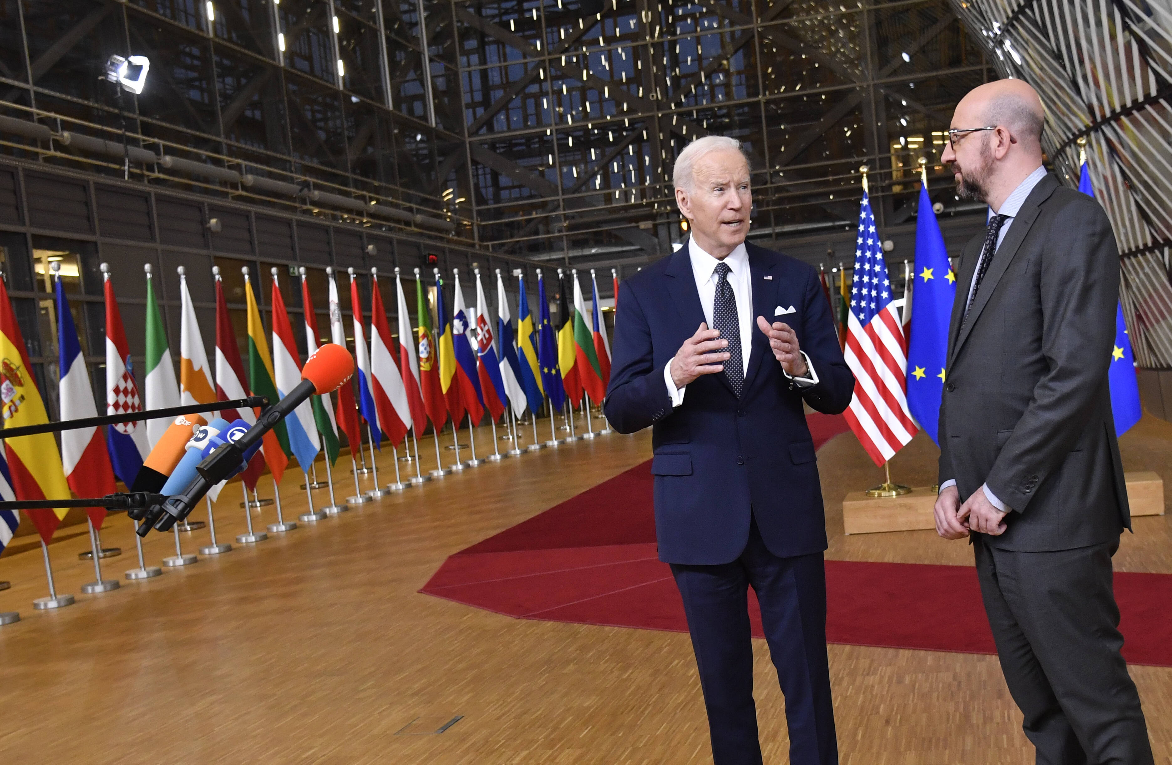 President Biden with European Council President Charles Michel in Brussels this week. (Geert Vanden Wijngaert/AP)