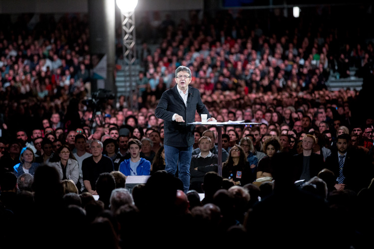 French presidential candidate Jean-Luc Melenchon speaks during a rally event in Lille. (Christophe Morin/Bloomberg)</p>  