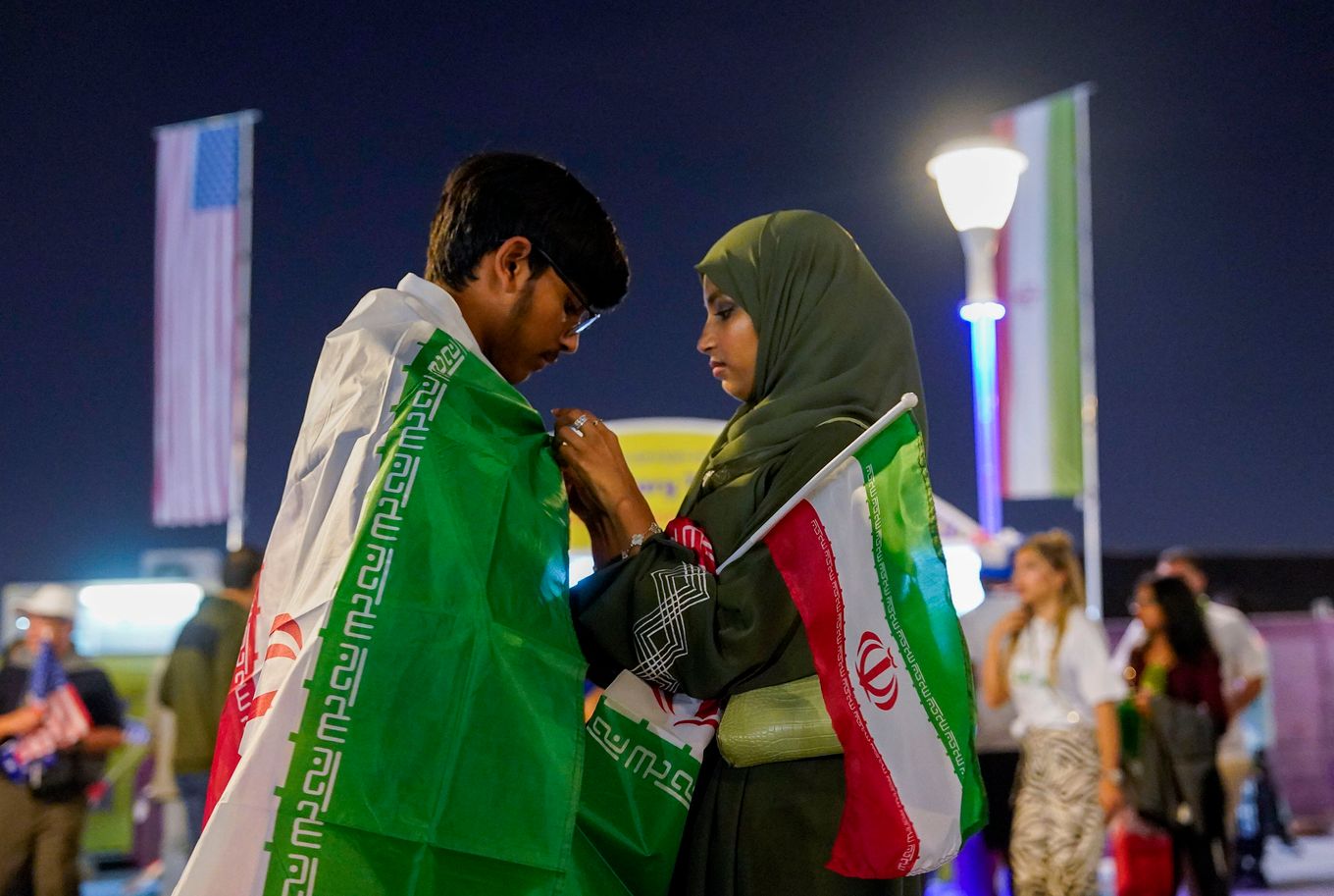Iranian fans prepare to enter Al Thumama Stadium before the match between the U.S. and Iran. (Jabin Botsford/The Washington Post)