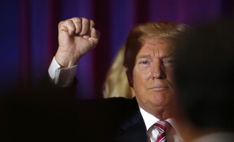 Donald pumps his fist last night at&nbsp;the Trump National Golf Club in Westchester, N.Y. (Reuters/Carlo Allegri)</p>  