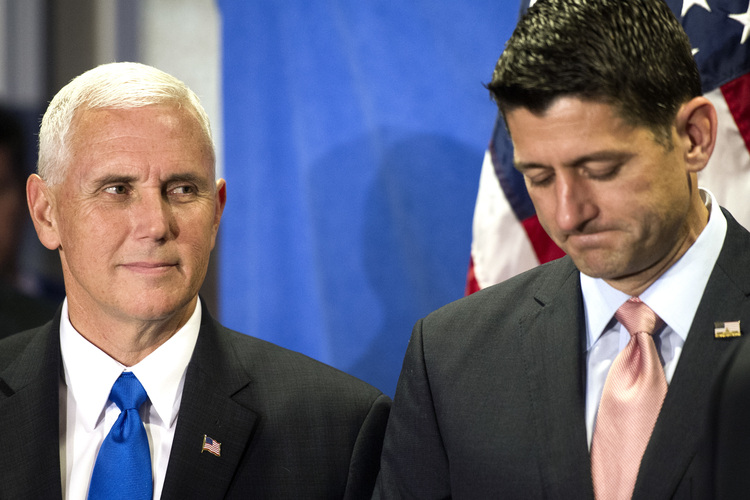 Mike Pence and Paul Ryan address a news conference yesterday&nbsp;after&nbsp;a meeting of House Republicans at the RNC.&nbsp;(AP Photo/Cliff Owen)</p>  