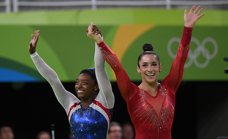 Simone Biles wins Gold and Alexandra Raisman wins Silver in the overall gymnastics competition in Rio.&nbsp;(Jonathan Newton/The Washington Post)</p>  