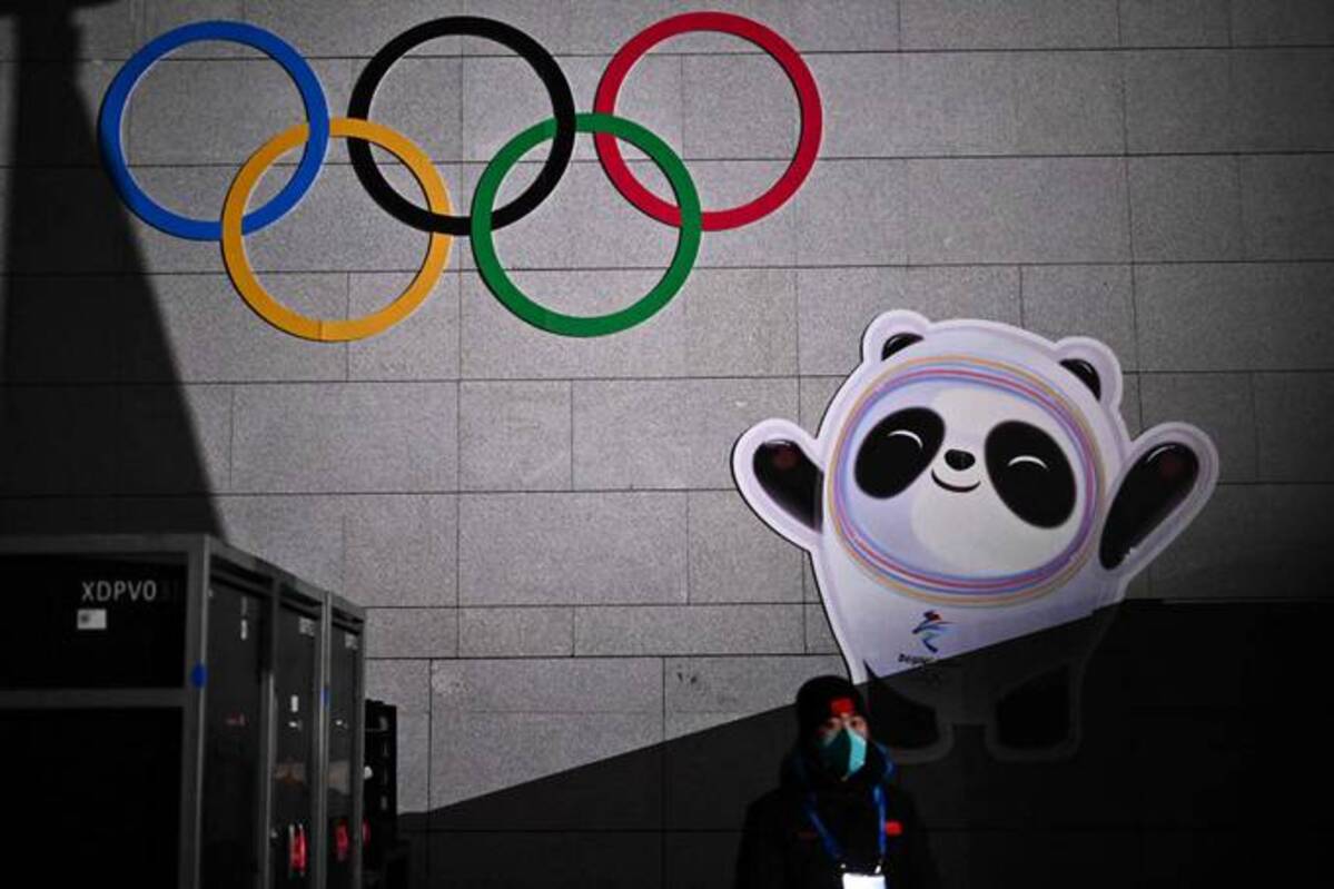 A general view of the Olympic rings and Bing Dwen Dwen, the official mascot of the Beijing 2022 Winter Olympics Games, ahead of the victory ceremonies at the Zhangjiakou Medals Plaza in Zhangjiakou. (Marco Bertorello/AFP via Getty Images)