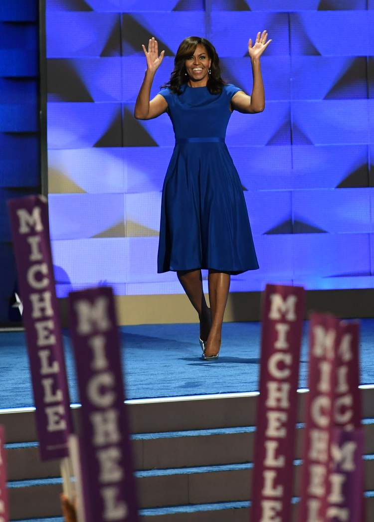First Lady Michelle Obama addresses the Democratic National Convention on July 25. (Toni L. Sandys/The Washington Post)</p>  