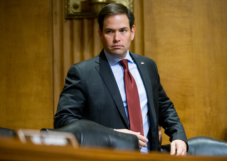 Marco Rubio shows up&nbsp;for a Senate Foreign Relations Committee hearing. (AP Photo/Andrew Harnik)</p>  