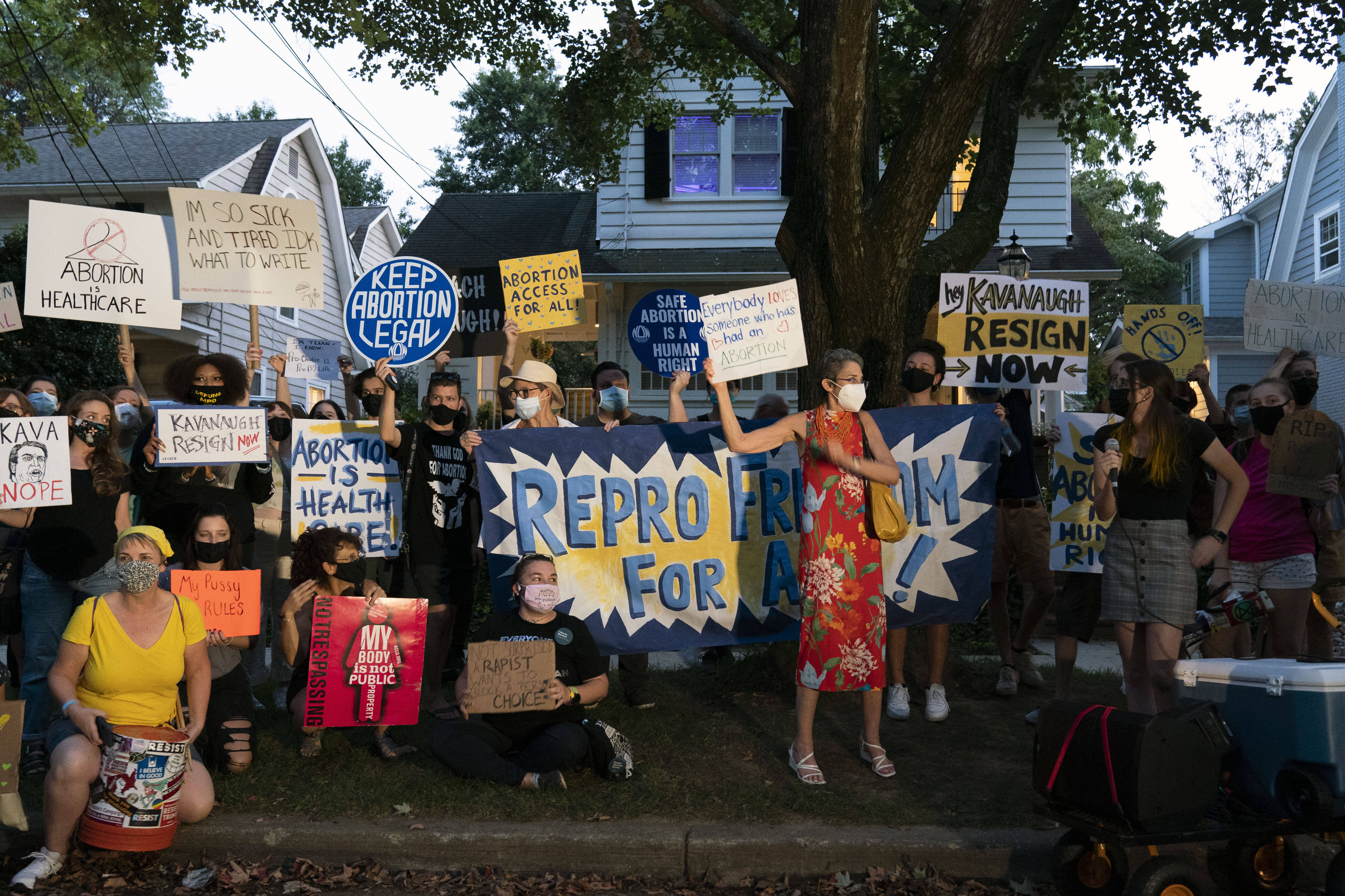 Abortion rights demonstrators rally outside the home of Supreme Court Justice Brett M. Kavanaugh on Monday. (Jose Luis Magana/AP)