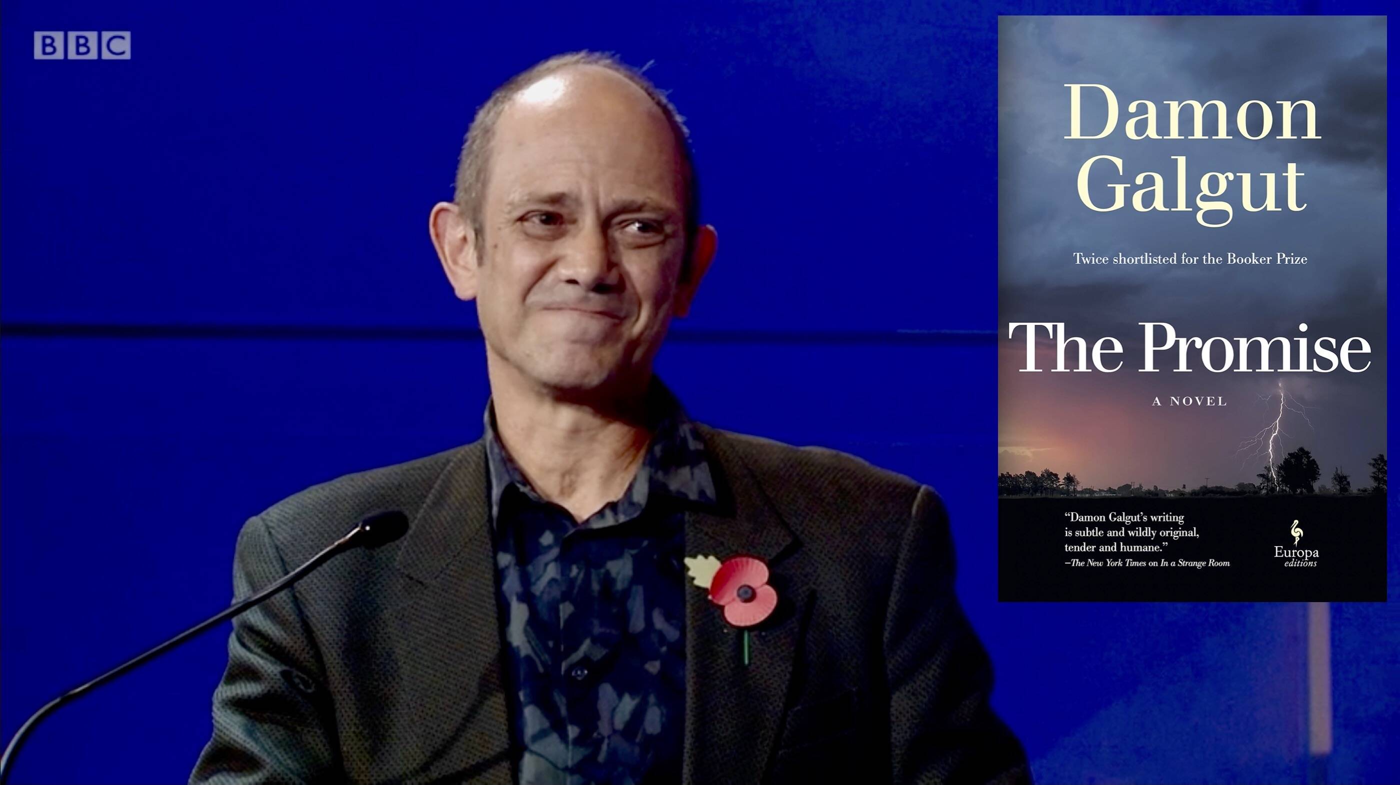 Damon Galgut wins the Booker Prize in London on Nov. 3, 2021 (BBC screenshot); Europa Editions