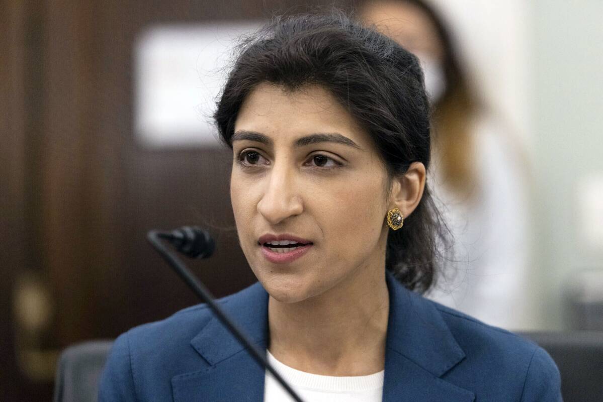 FTC chair Lina Khan, then a nominee, speaks at a Senate hearing on April 21, 2021. (Graeme Jennings/Washington Examiner via AP)