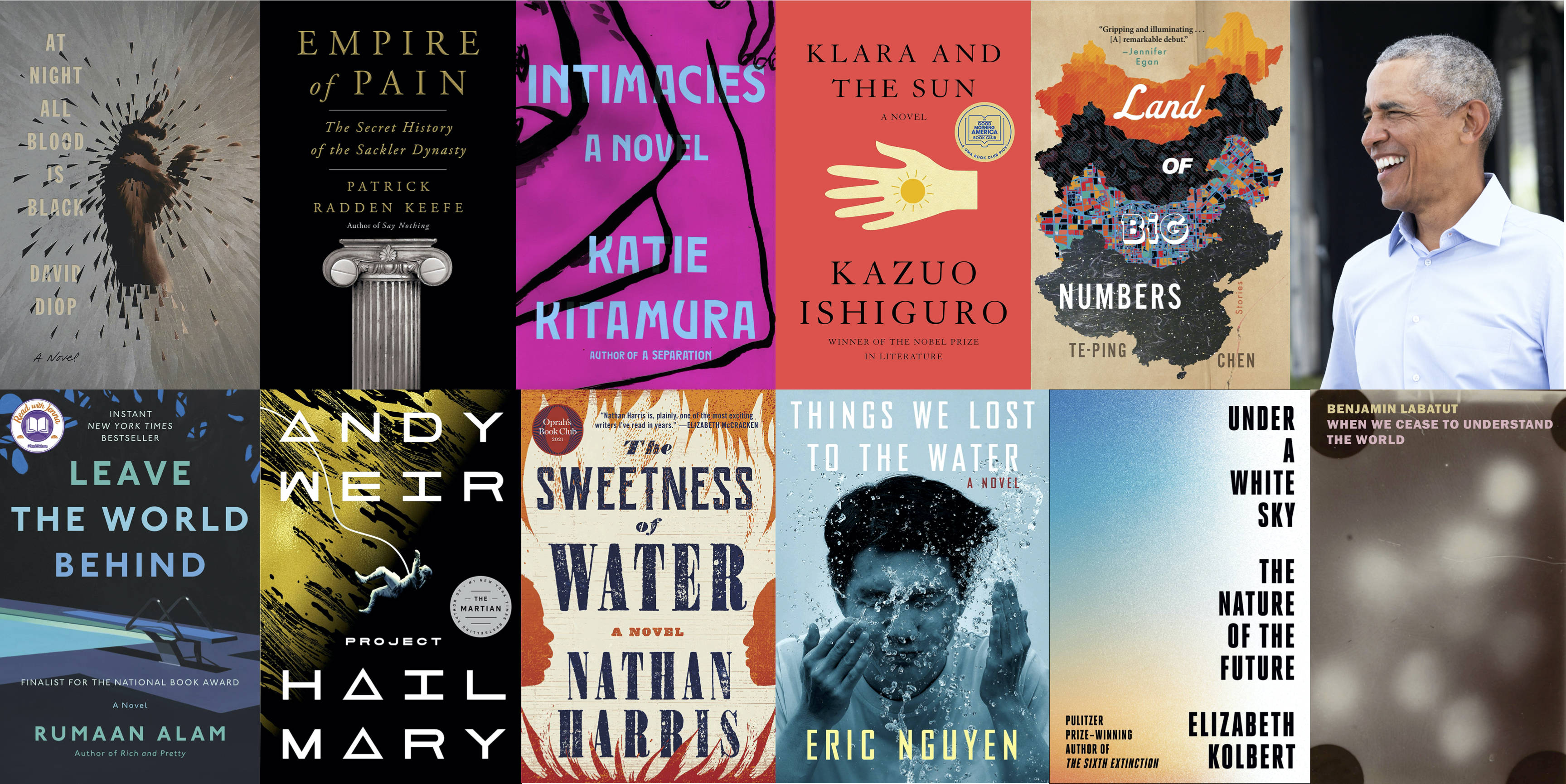 Top: Farrar, Straus, Giroux; Doubleday; Riverhead; Knopf; Mariner; former President Barack Obama (Photo by Charlotte Kesl for The Washington Post). Bottom: Ecco; Ballantine; Little, Brown; Knopf; Crown; New York Review Books