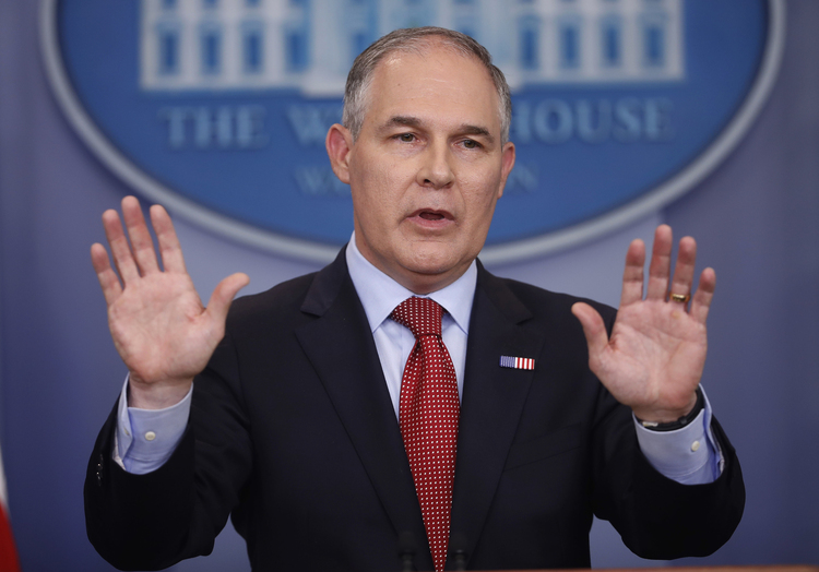 EPA Administrator Scott Pruitt speaks to the media at the White House last month. (Pablo Martinez Monsivais/AP)</p>