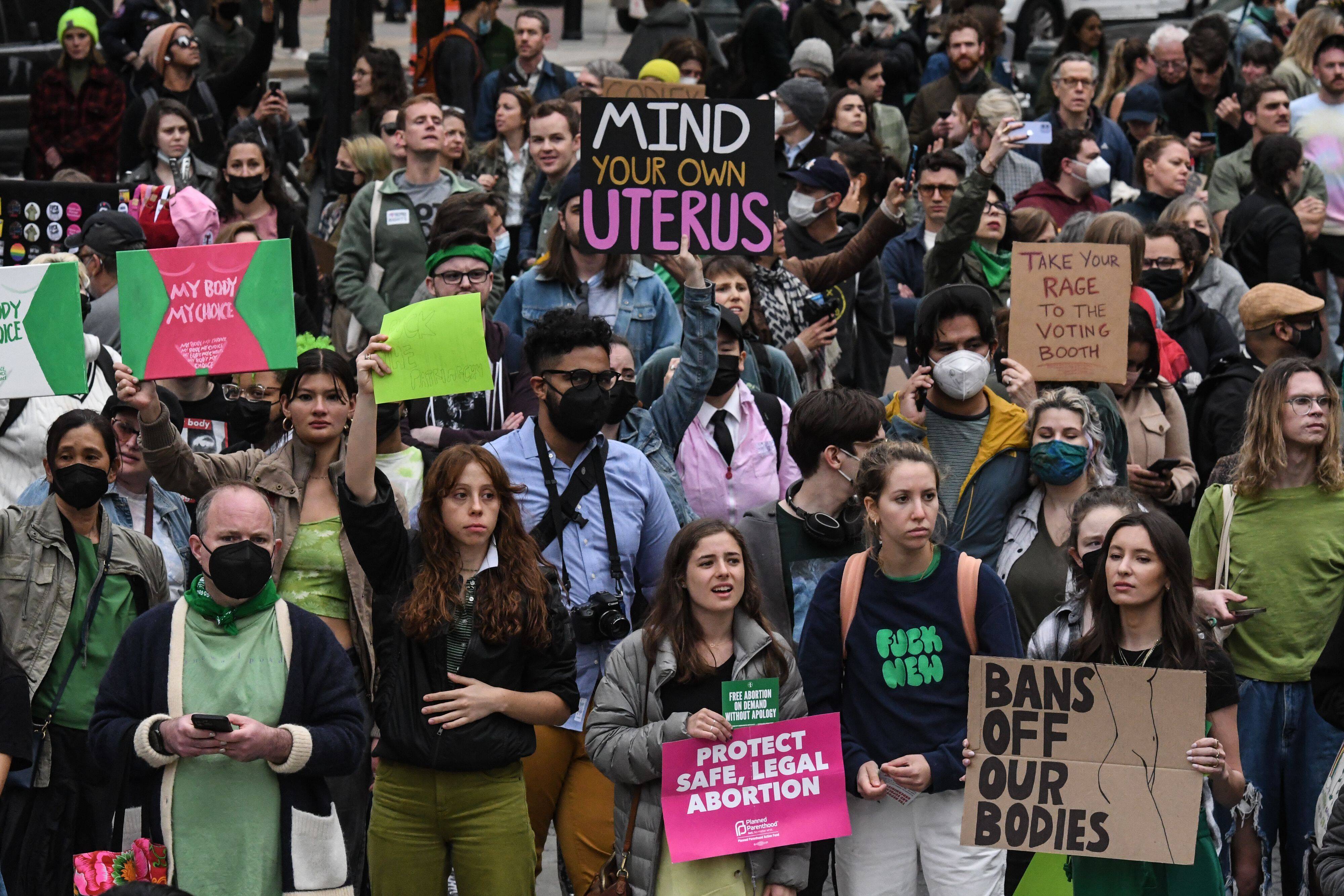 Demonstrators at an abortion-rights protest in New York on May 3. (Stephanie Keith/Bloomberg)