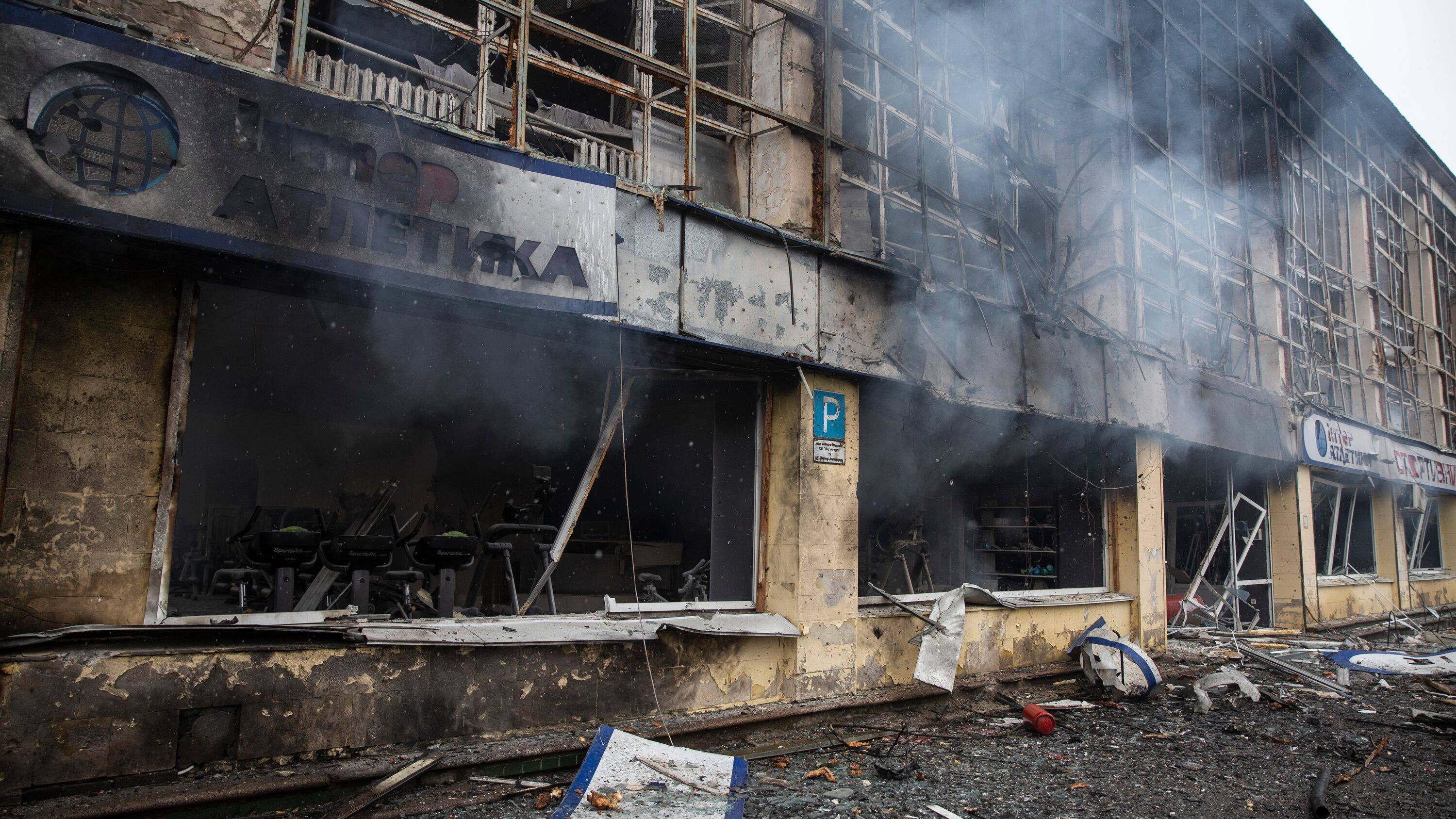 A building stills smolders where yesterday at least five people have been killed after Russian forces fired at the main television tower in Kyiv on March 2. (Heidi Levine for The Washington Post).