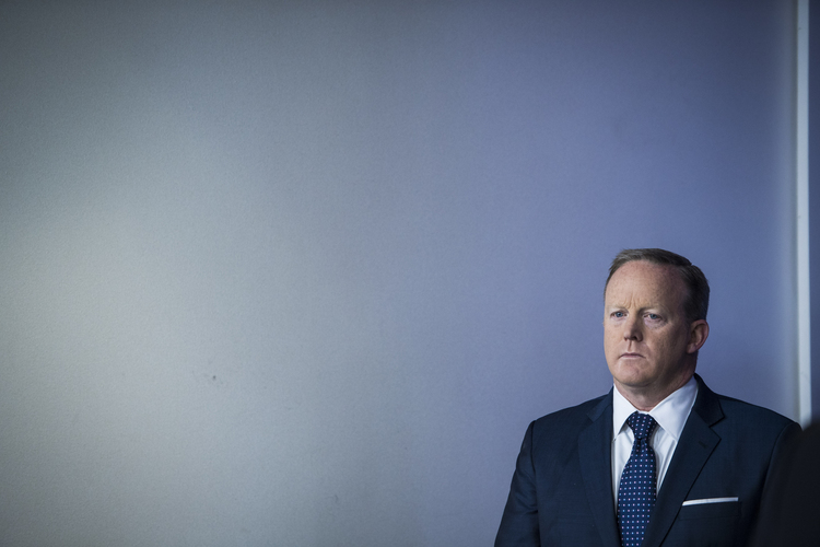 Sean Spicer listens as Scott Pruitt speaks during the daily news briefing.&nbsp;(Jabin Botsford/The Washington Post)</p>  