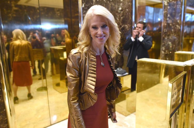Kellyanne Conway arrives at Trump Tower yesterday. (Timothy A. Clary/AFP/Getty Images)</p>  