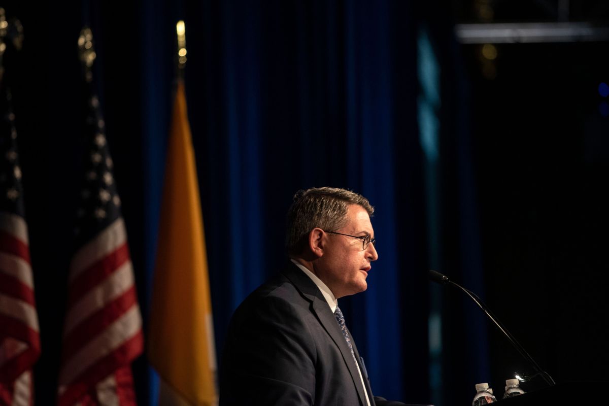 Leonard Leo speaks at the National Catholic Prayer Breakfast in Washington, D.C., on April 23, 2019. (Michael Robinson Chavez/The Washington Post)